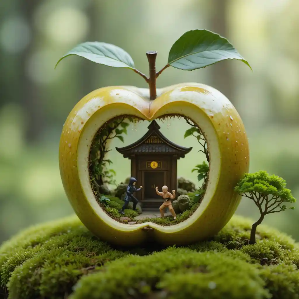 Minuscules guerriers ninjas dans un luxuriant monde de fantaisie miniature au cœur d’une pomme
