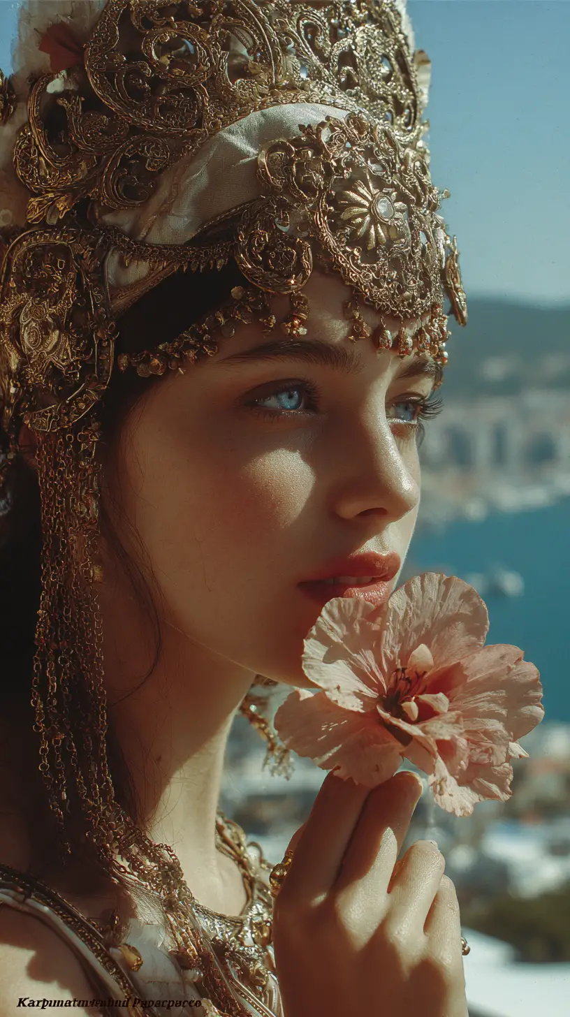Side profile of woman in Carthaginian headdress by the sea