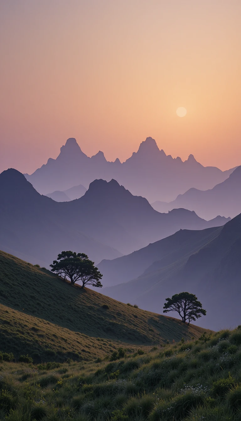 Paisagem montanhosa minimalista com céu em degradê suave de nascer do sol