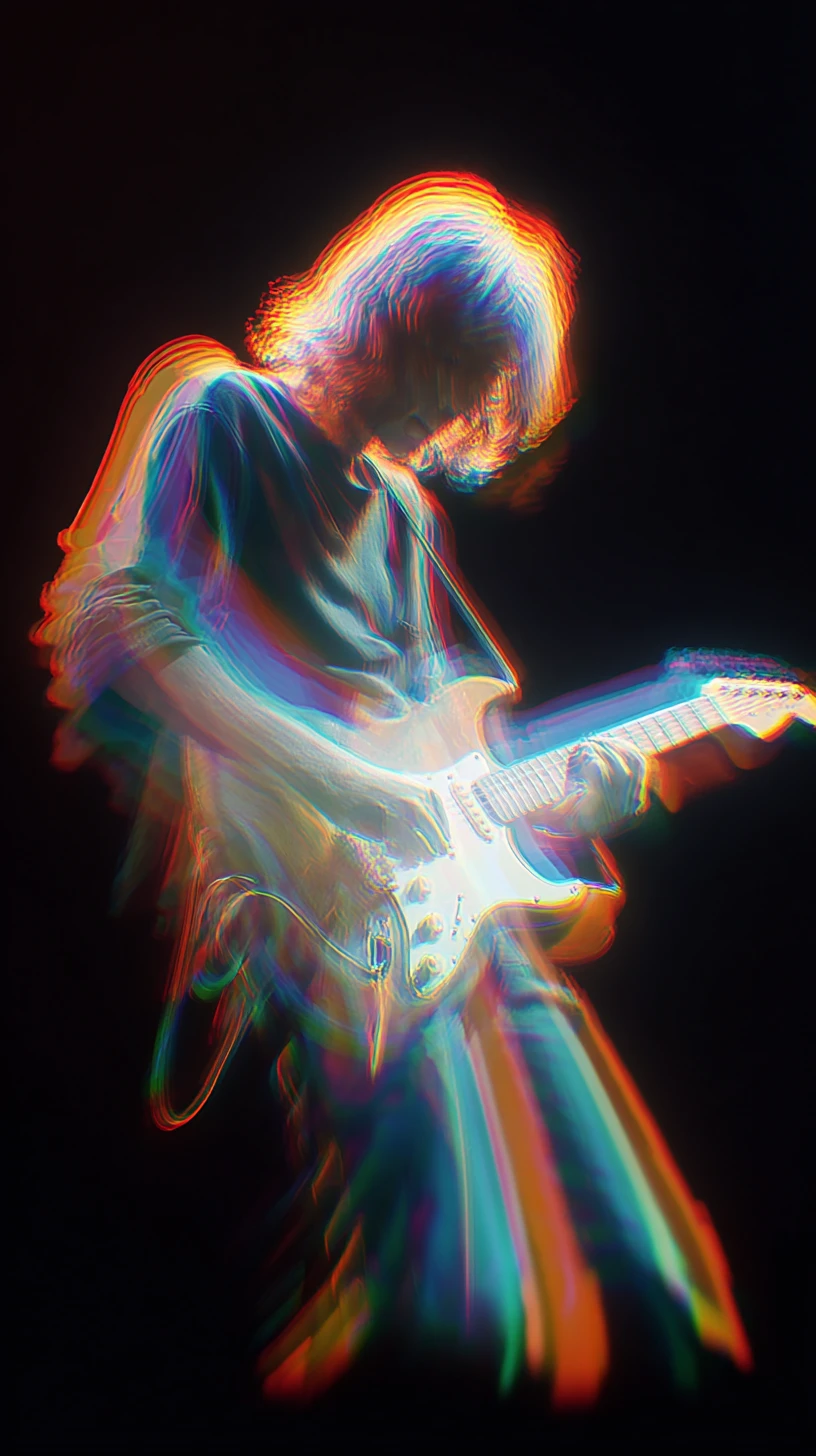 Guitarrista em borrão de movimento neon contra fundo preto profundo