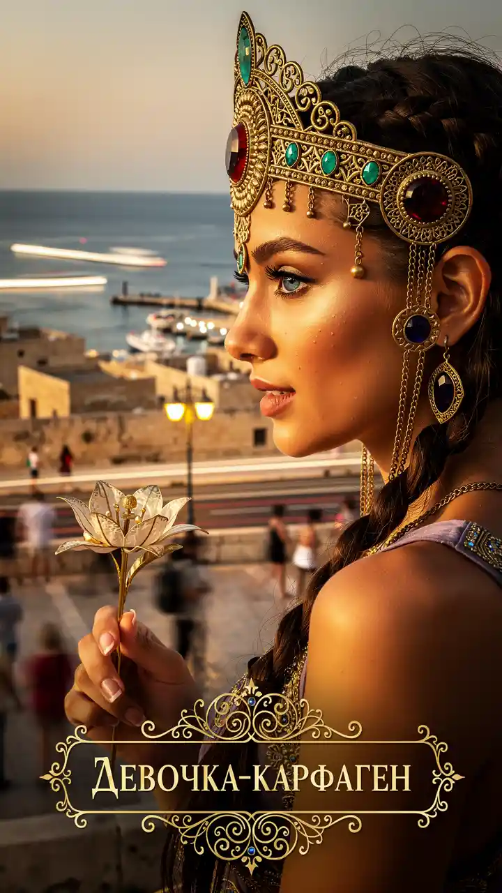 Giovane donna con copricapo cartaginese sul Mar Mediterraneo