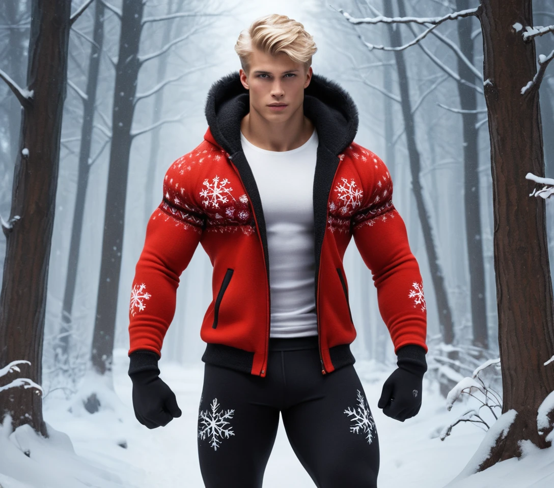 Blonder junger Mann in Fleece-Leggings geht durch Winterwald