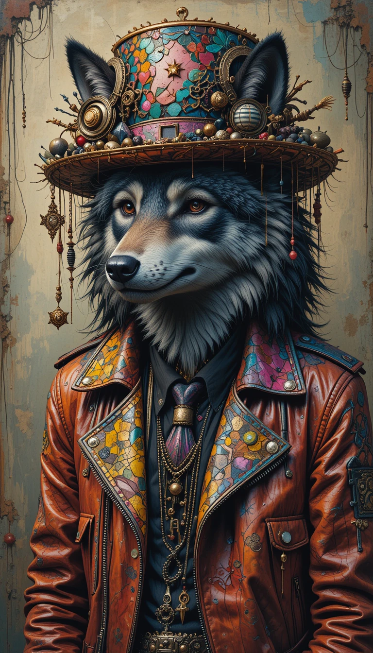 Lobo rock and roll com jaqueta de couro colorida e chapéu