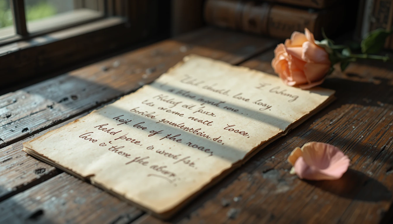 Primer plano de carta de amor sobre escritorio de madera con pétalo de rosa