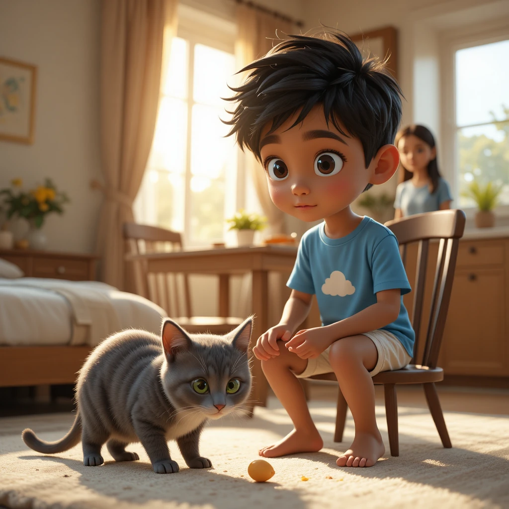 Menino compartilhando o café da manhã com gato em casa iluminada pelo sol
