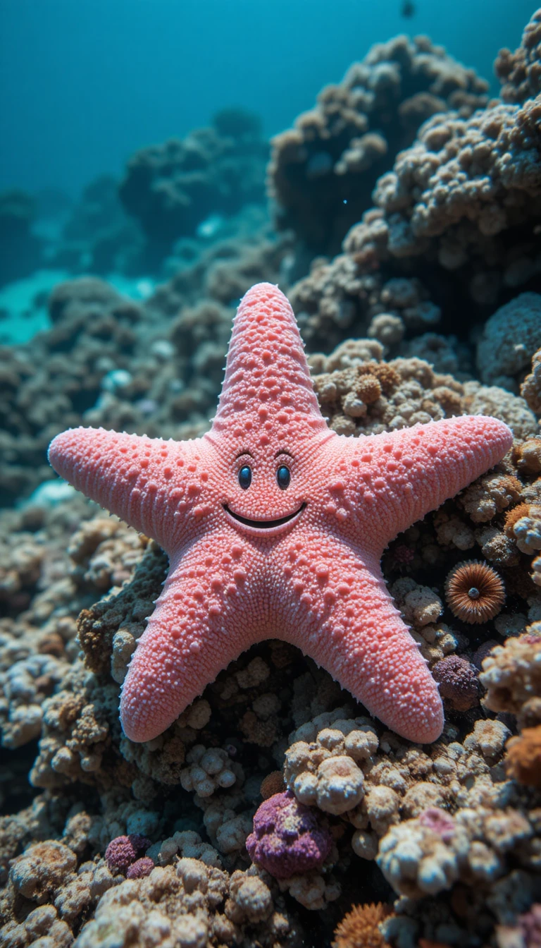Smiling Pink Starfish Among Corals In Shallow Tropical Sea