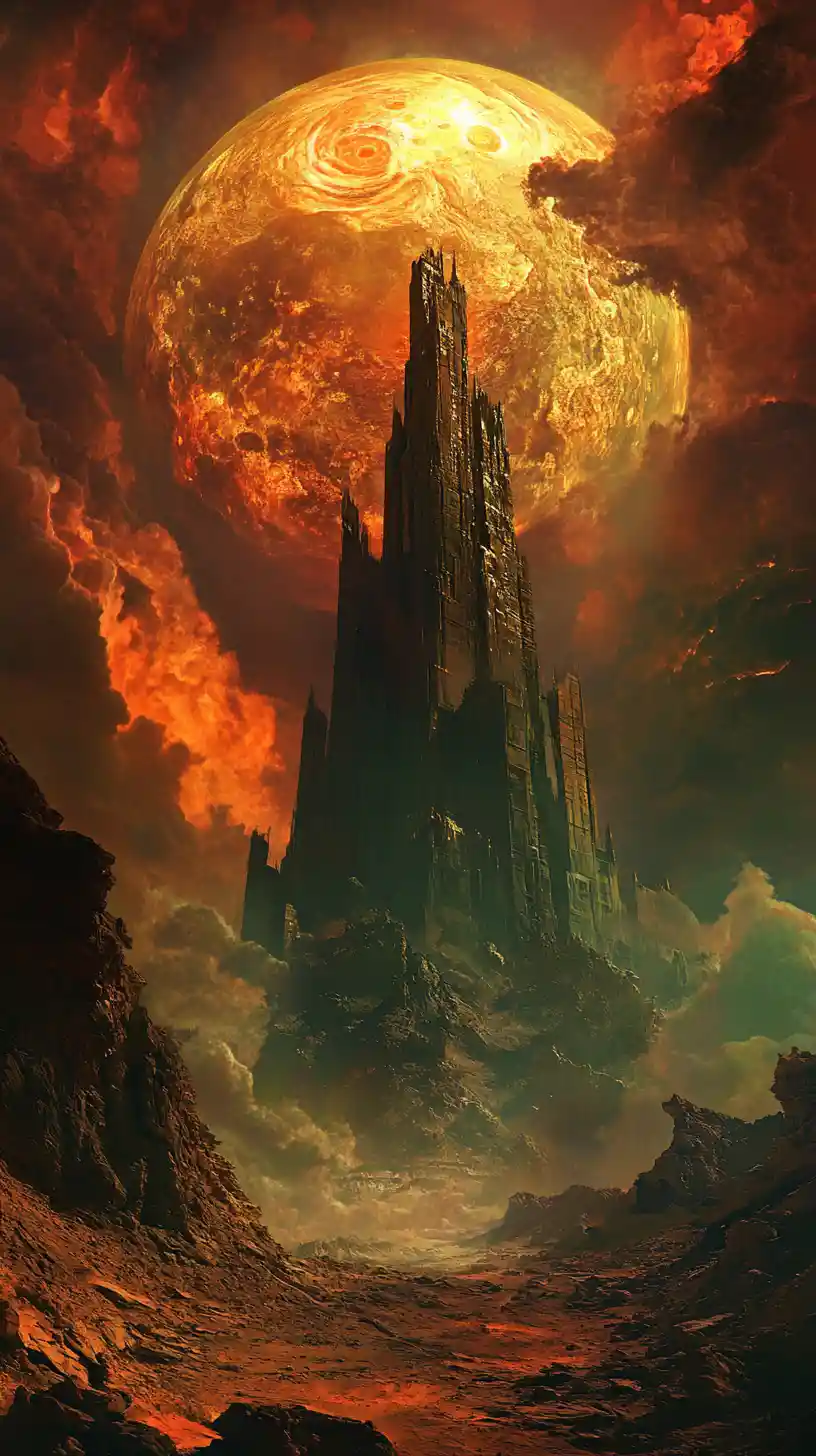 Surreal-dystopische Wüste mit gewaltigen Ruinen und brennendem Himmel