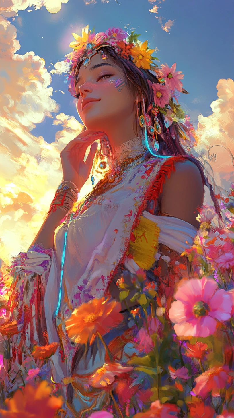 明るい庭の花々に囲まれた伝統衣装の笑顔の少女