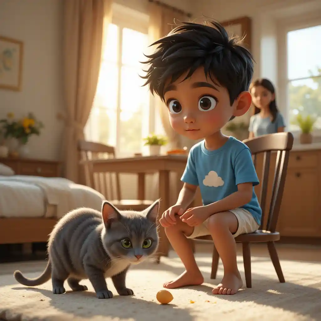 Menino compartilhando o café da manhã com gato em casa iluminada pelo sol