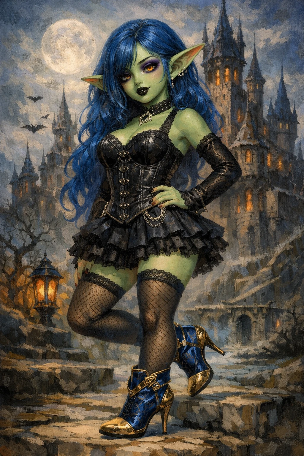 Fille gobeline d’anime en corset gothique devant un château fantastique