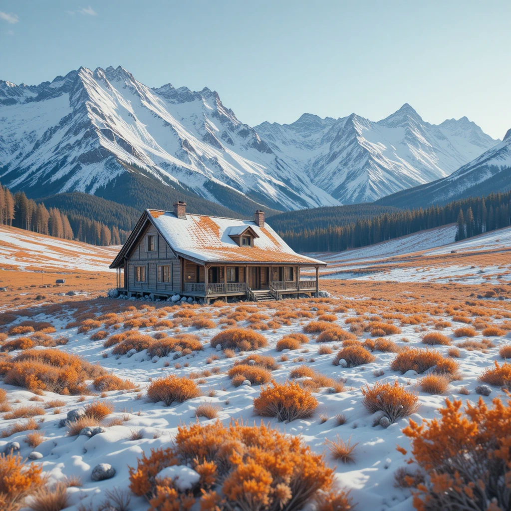Berghütte in halb gefrorener, sonnenbeschienener Landschaft