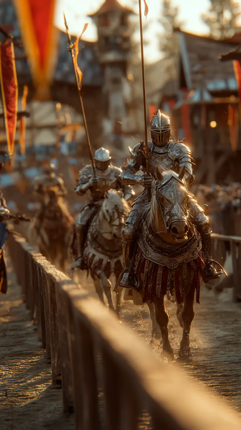 Chevaliers médiévaux jouteant dans une arène de tournoi cinématographique