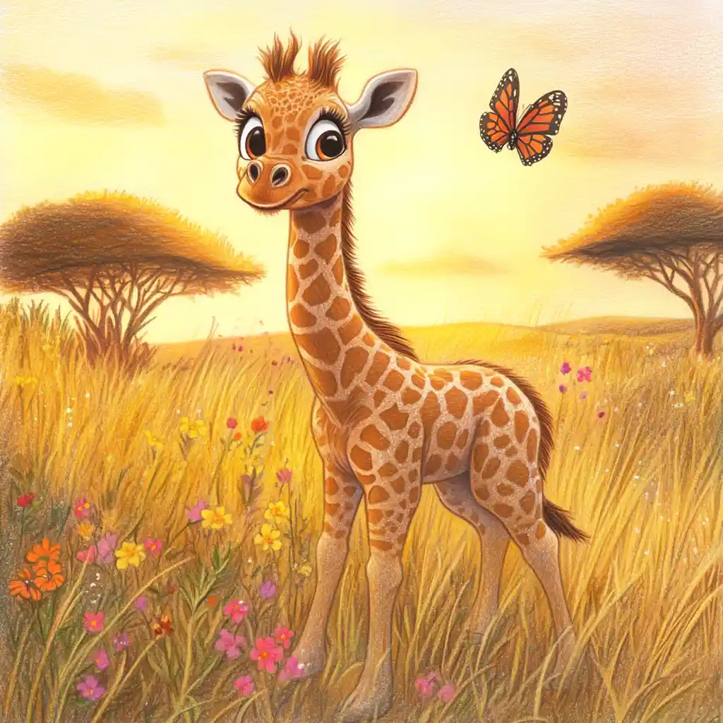 Giraffina che guarda una farfalla nella luce dorata della savana