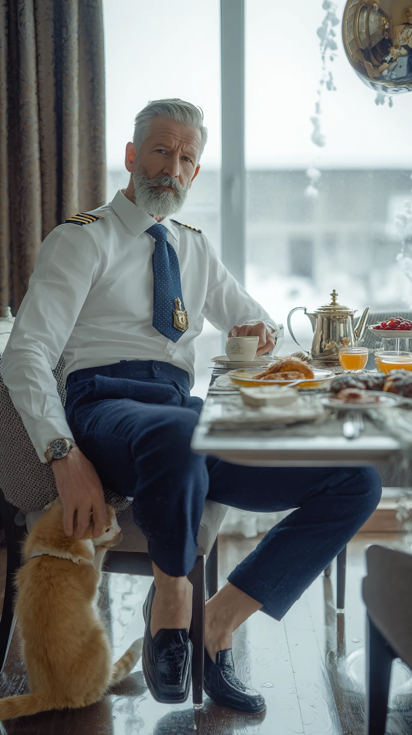 Piloto de avião tomando café da manhã em uma cozinha moderna e iluminada