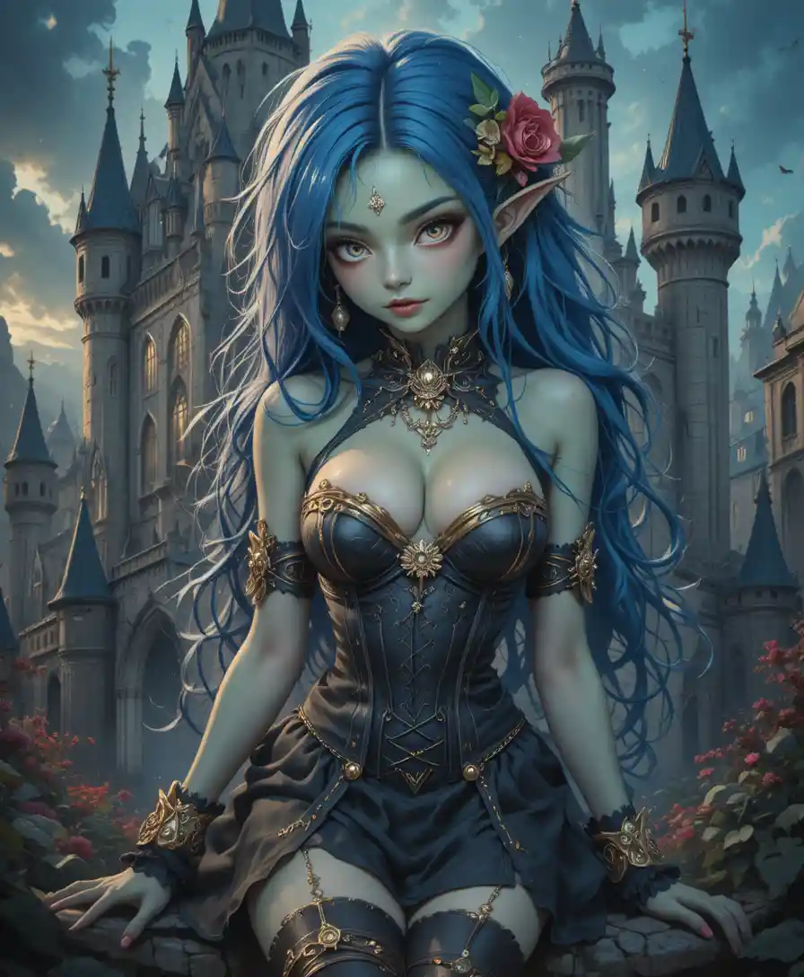 Goblin-Mädchen im Gothic-Korsett vor einem dunklen Fantasy-Schloss