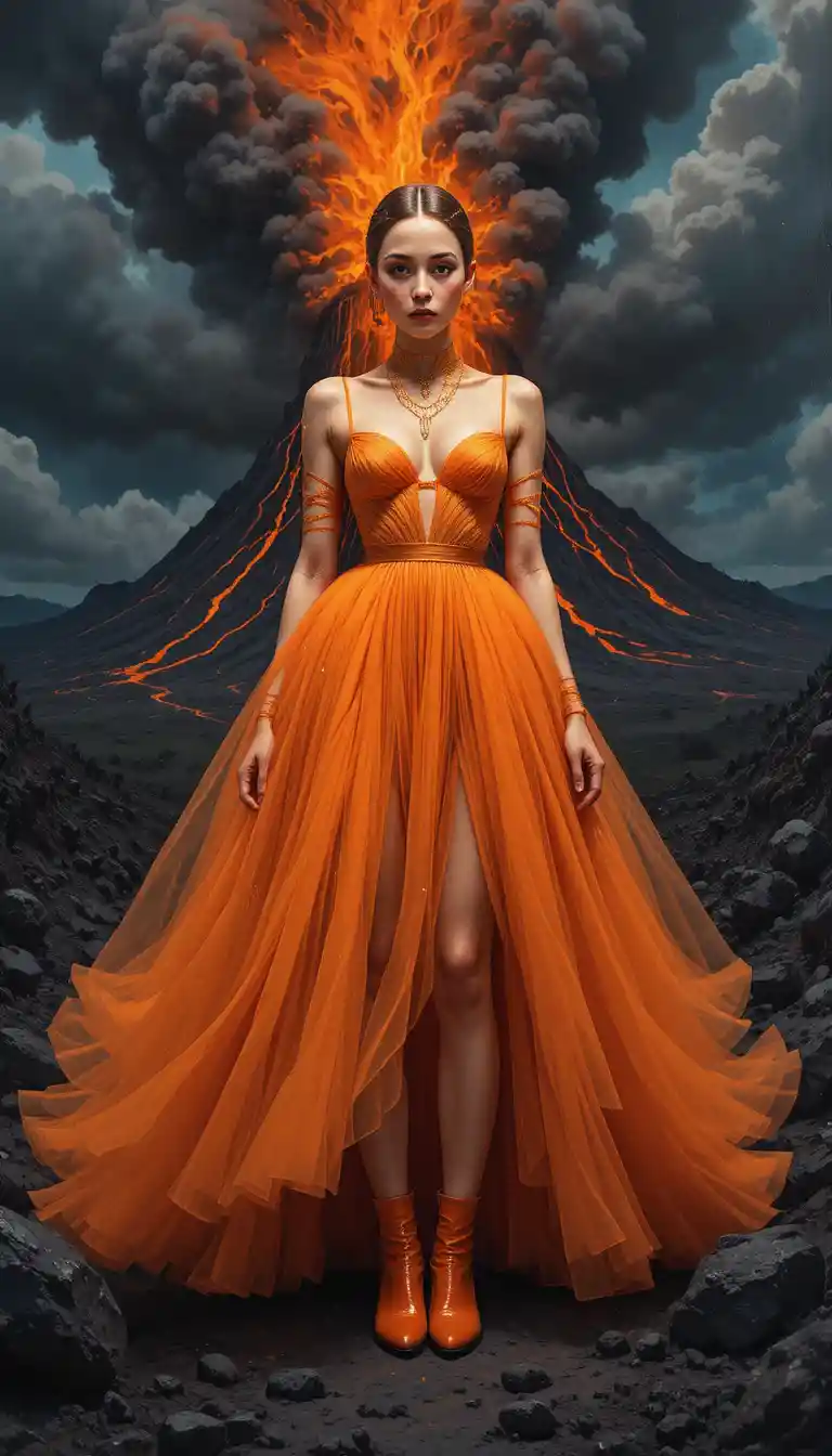 Mulher surreal em laranja vibrante diante de vulcão em erupção
