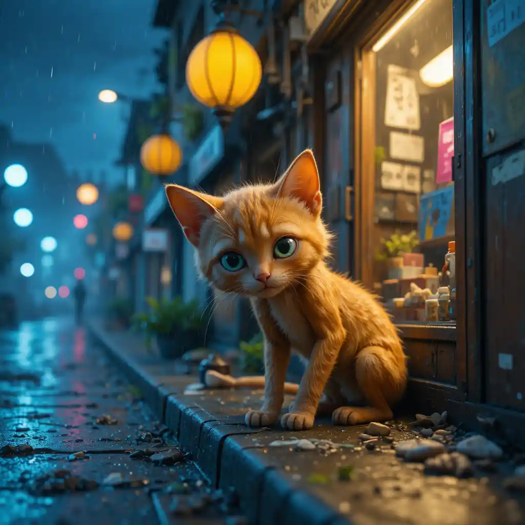 Thin orange cat hiding beside a rainy night street shop
