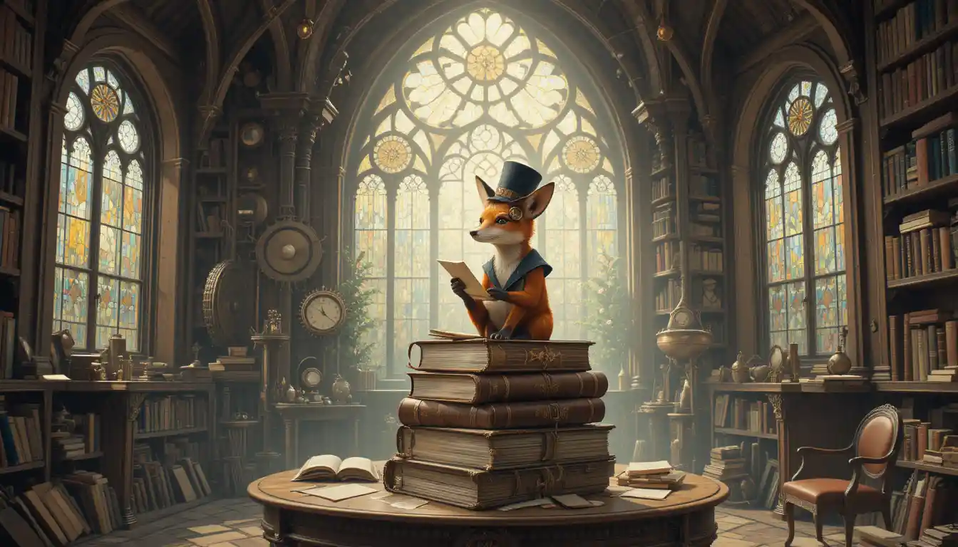 Whimsical Steampunk Library With Fox Reading A Love Letter