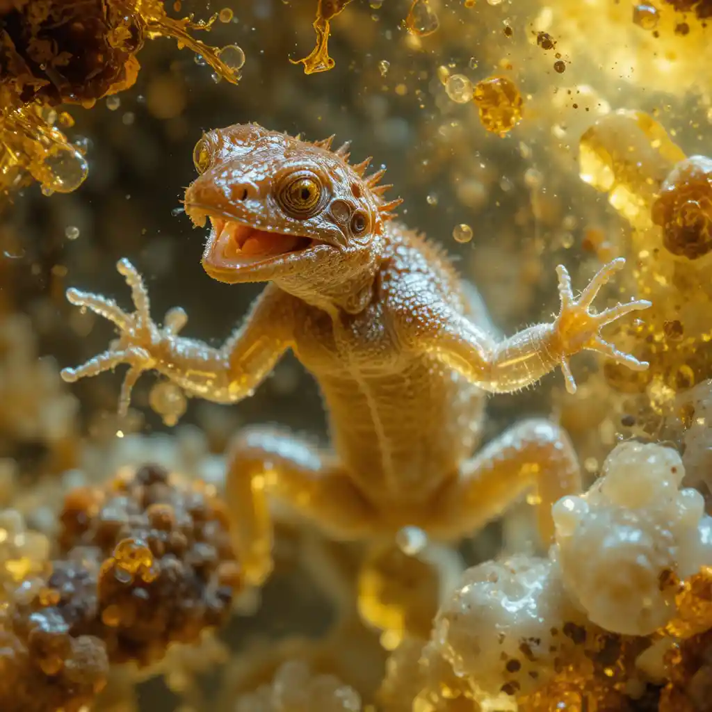 Gecko Encased In Golden Amber In Dramatic Macro View