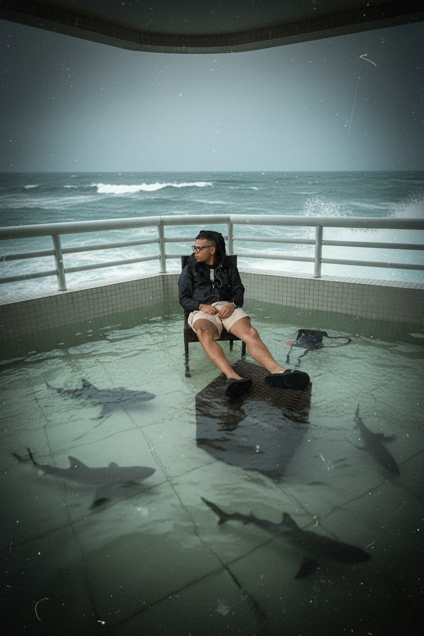 Man Sitting On Chair Above Water With Surrounding Sharks