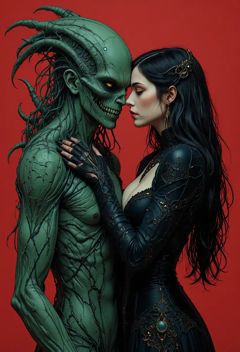 Dark fantasy woman embraced by monstrous tentacled creature