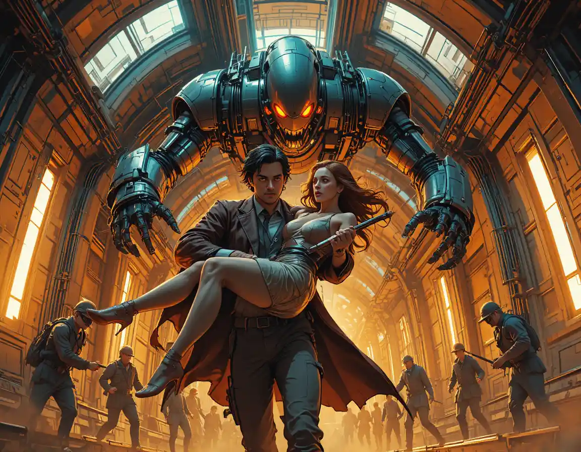 Sci fi couple fleeing a steampunk robot in fiery corridor