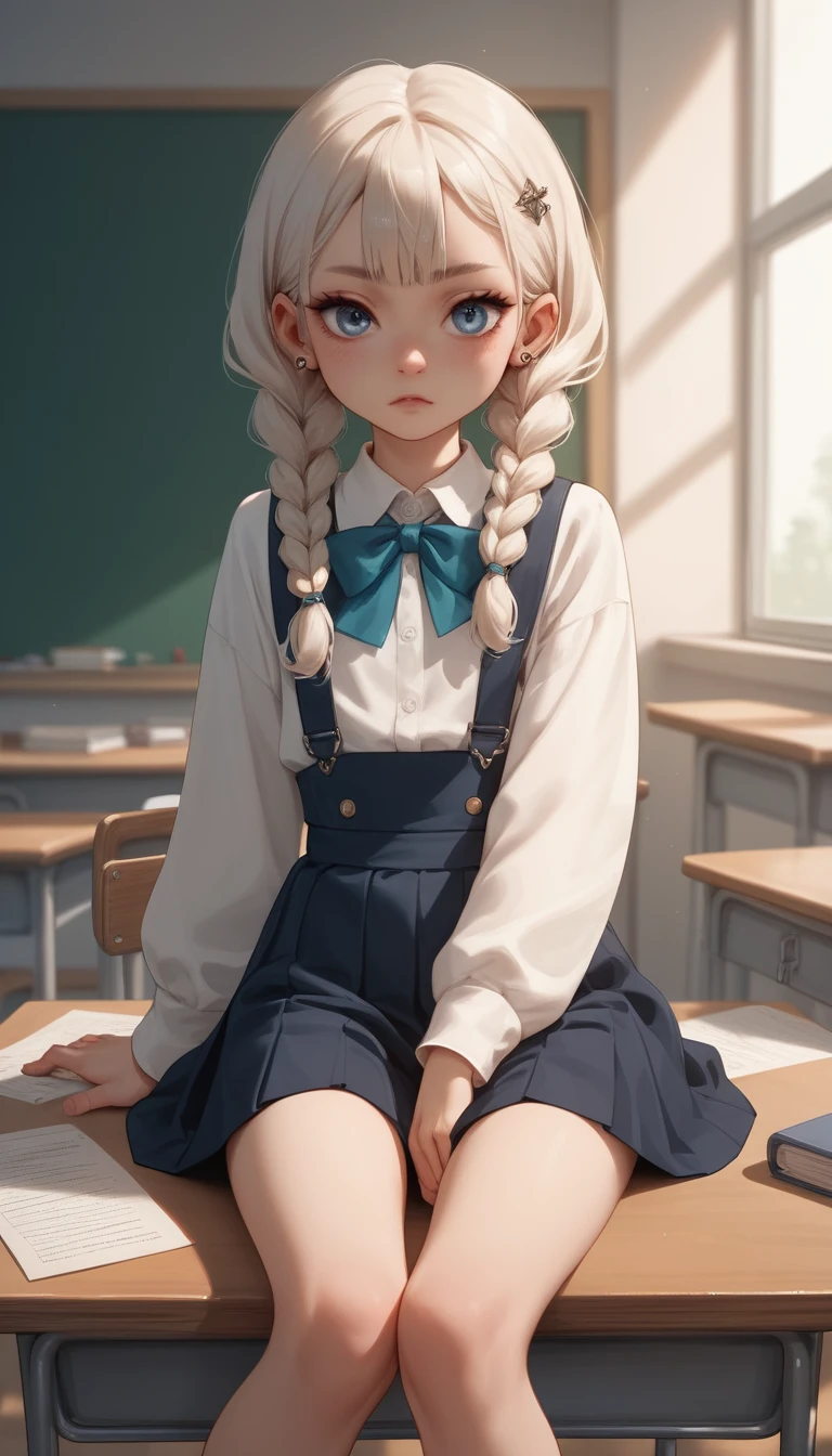Young petite girl with braids sitting on a school desk