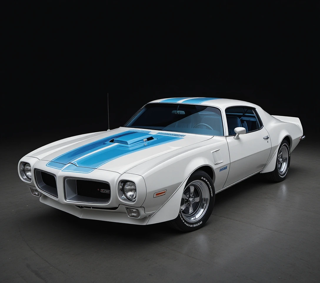 Weißer klassischer Muscle-Car mit blauen Motorhaubenstreifen auf Schwarz