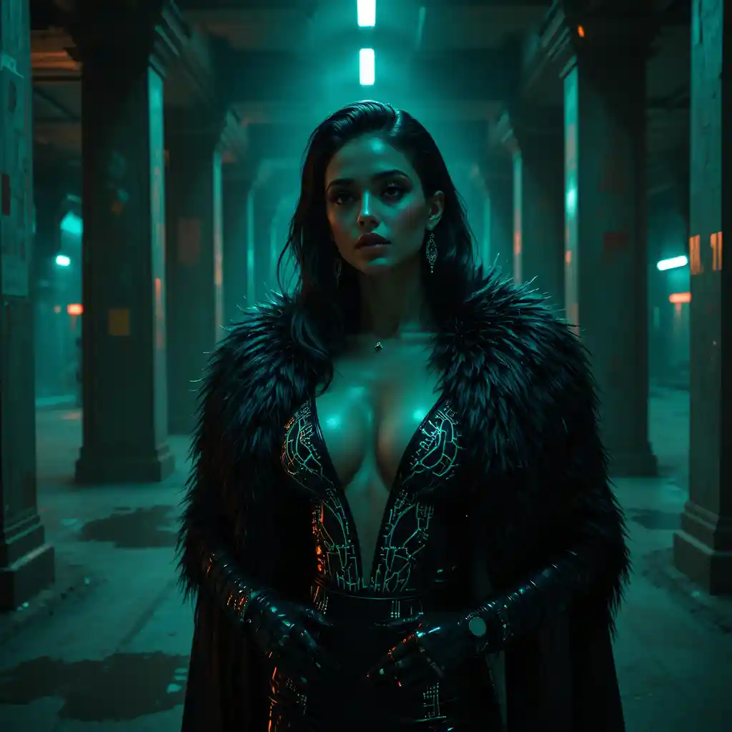 Cyberpunk femme fatale in brutalist underground station