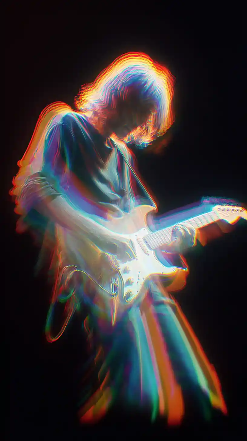 Guitarrista em borrão de movimento neon contra fundo preto profundo