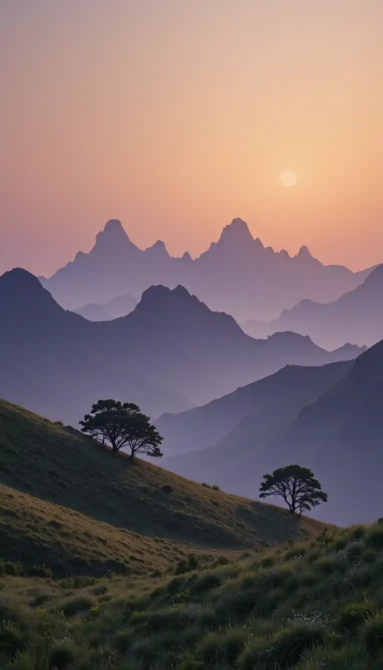 Minimal mountain landscape with soft sunrise gradient sky