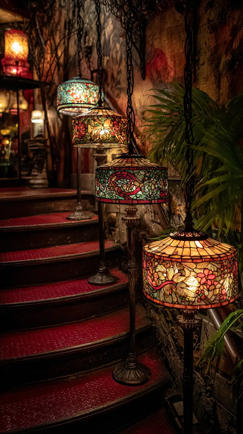 Fantastische Tiffany-Lampen über einer roten Treppen-Katakombe