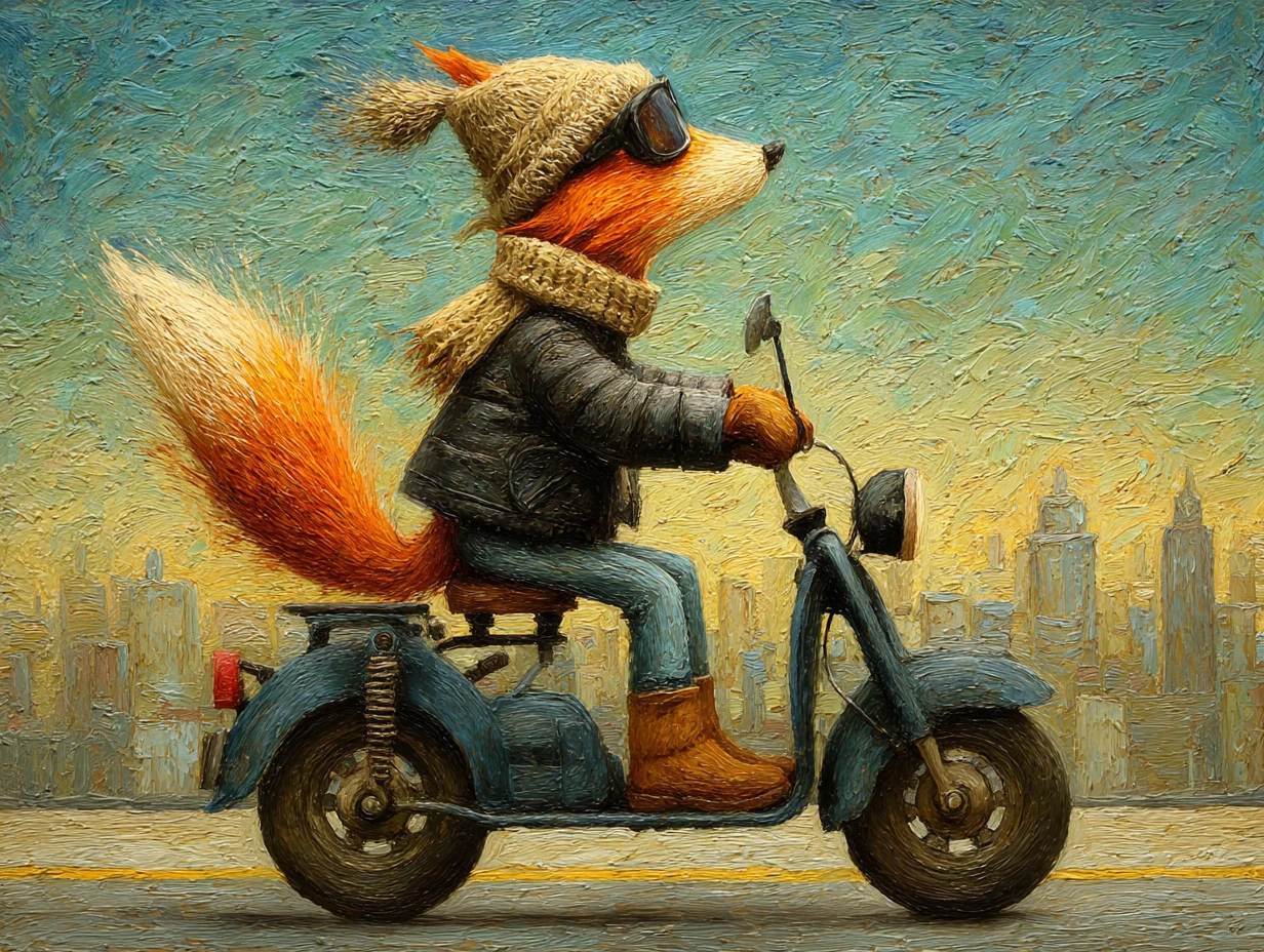 Renard joyeux conduisant une moto sur une autoroute urbaine animée