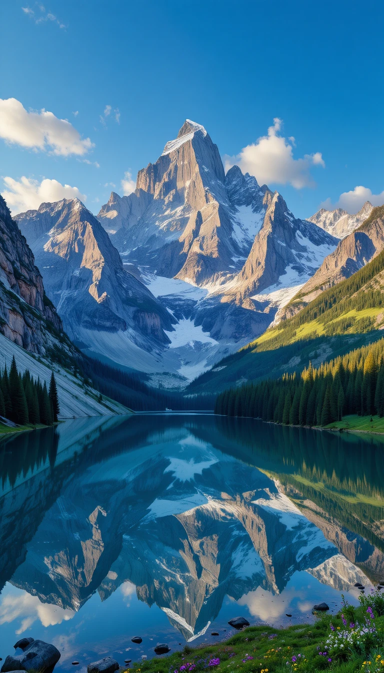 Montanhas nevadas ao sol refletidas em um lago tranquilo