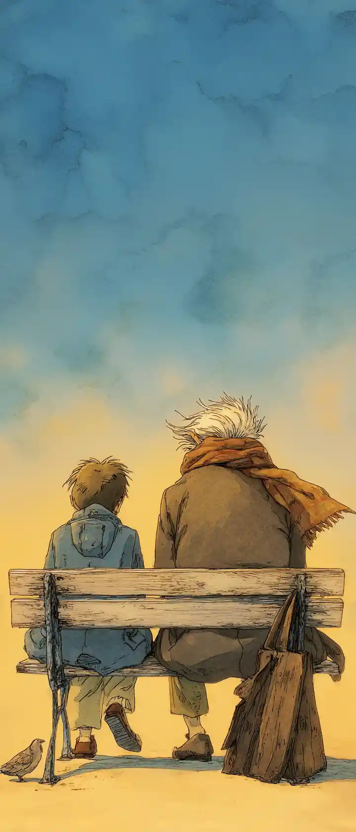 Boy And Grandfather Sharing A Quiet Park Bench At Dawn