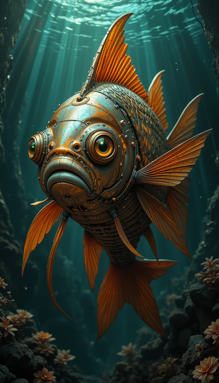 Surreal dark fantasy goldfish close up with glowing eyes