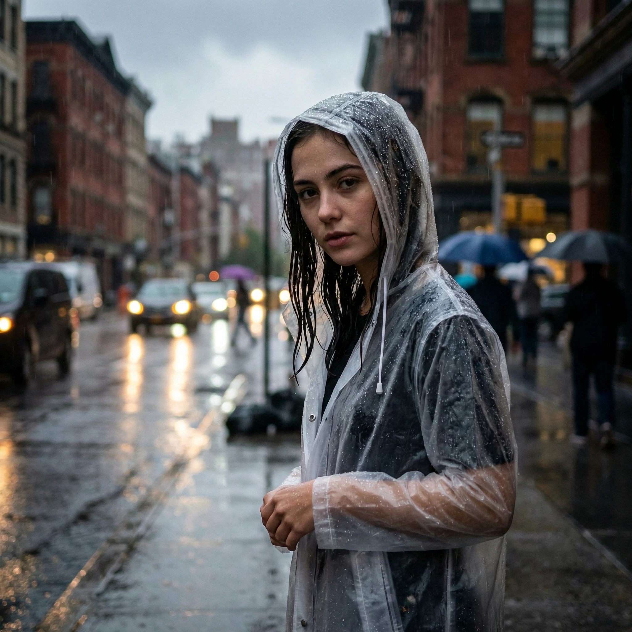Jeune femme sous la pluie portant un imperméable translucide