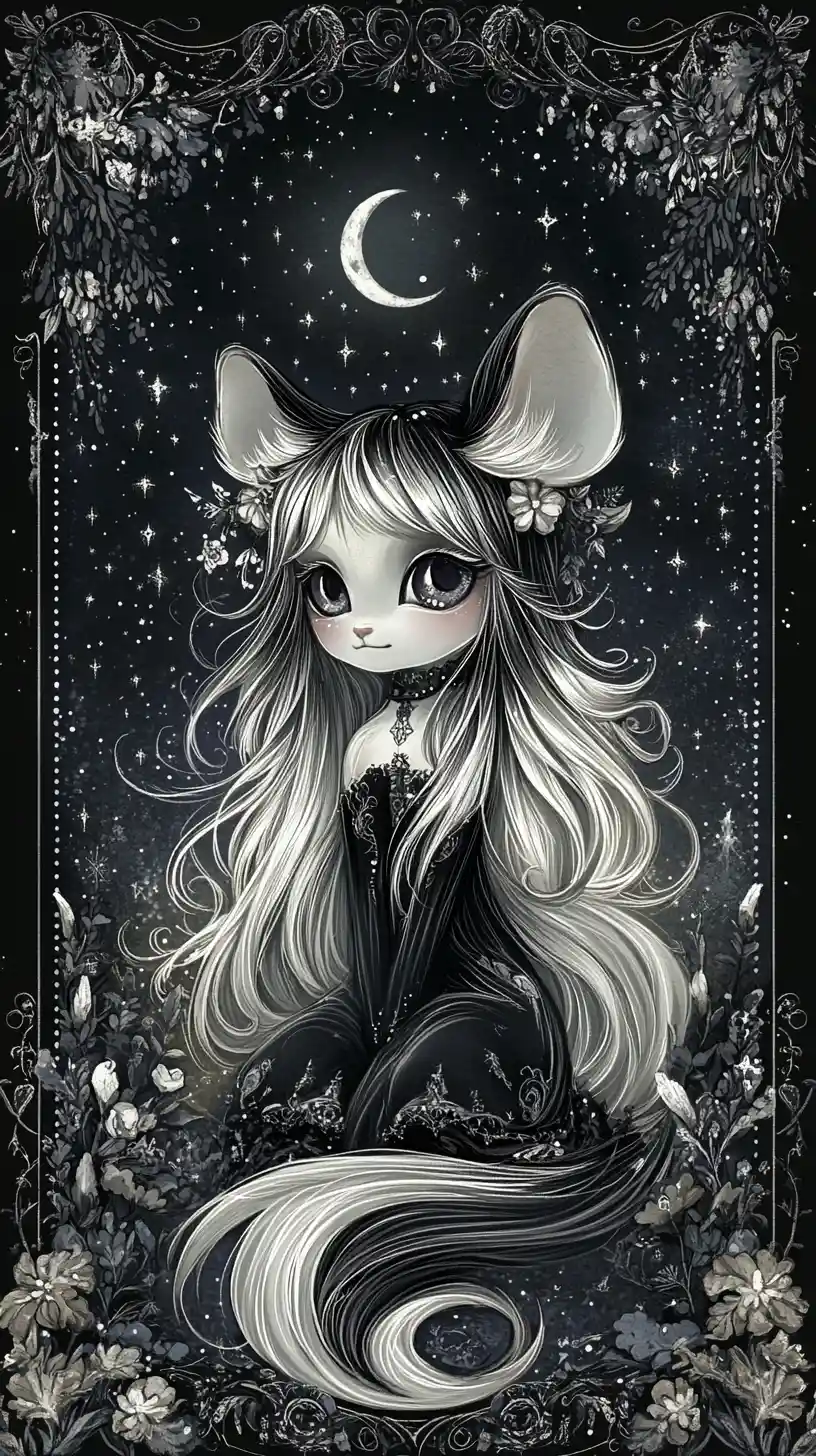 Cute gothic fantasy mouse in a celestial night garden