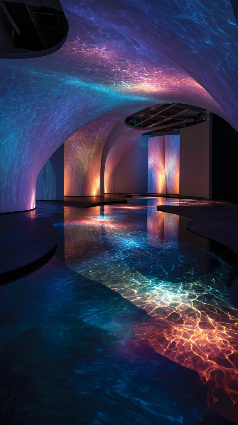 Surreal round pod interior with glowing sound waves
