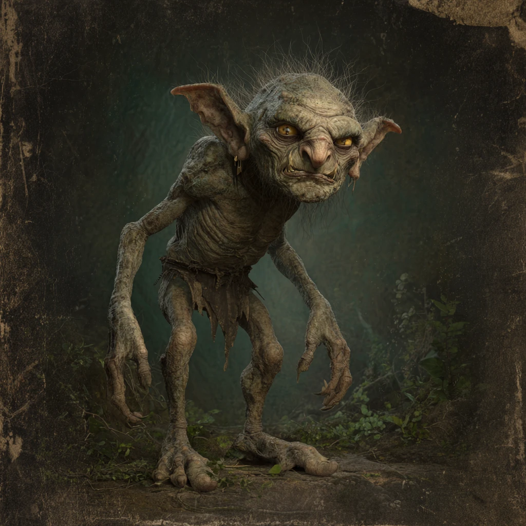 Goblin grotesco da floresta com membros retorcidos e olhos amarelos