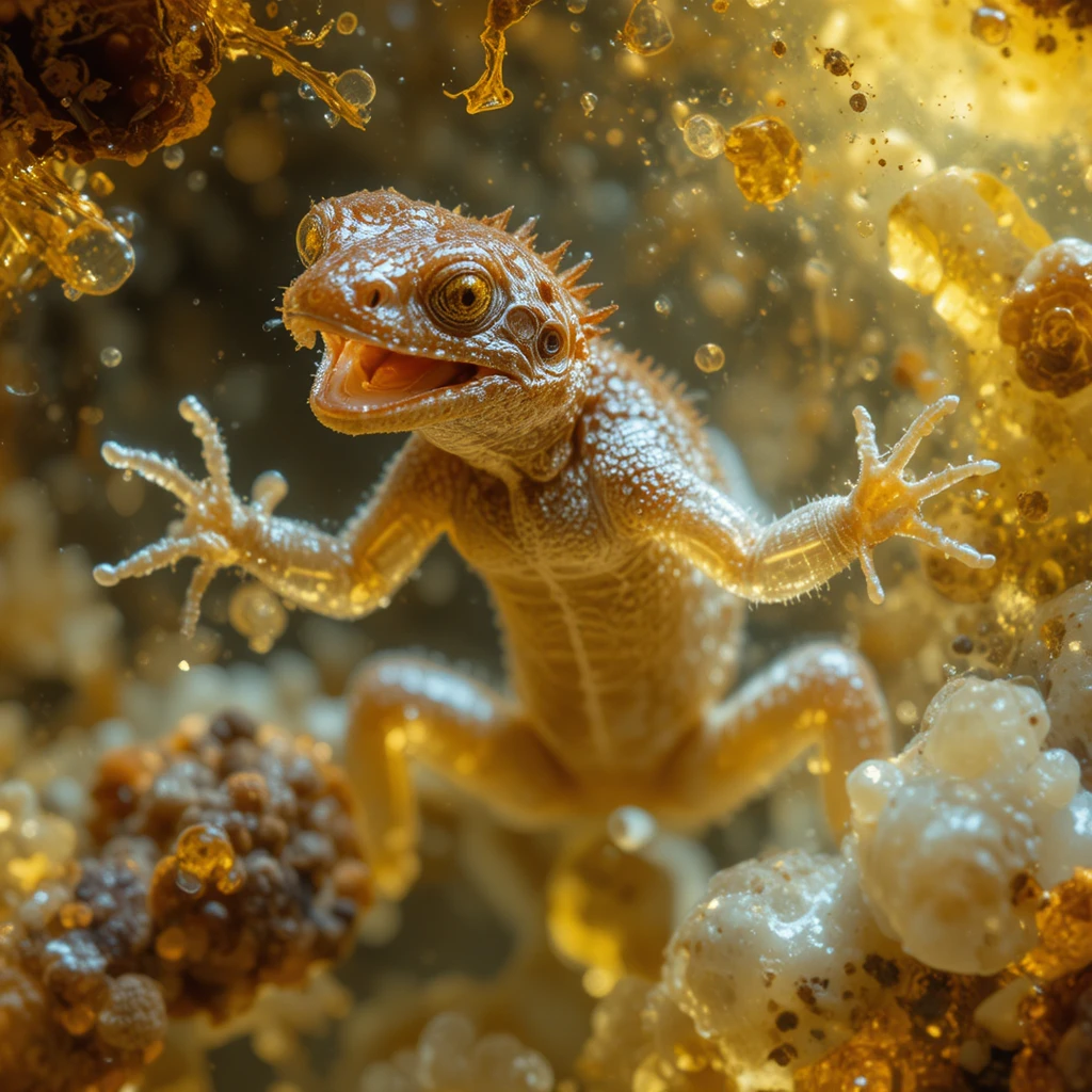 Gecko Encased In Golden Amber In Dramatic Macro View