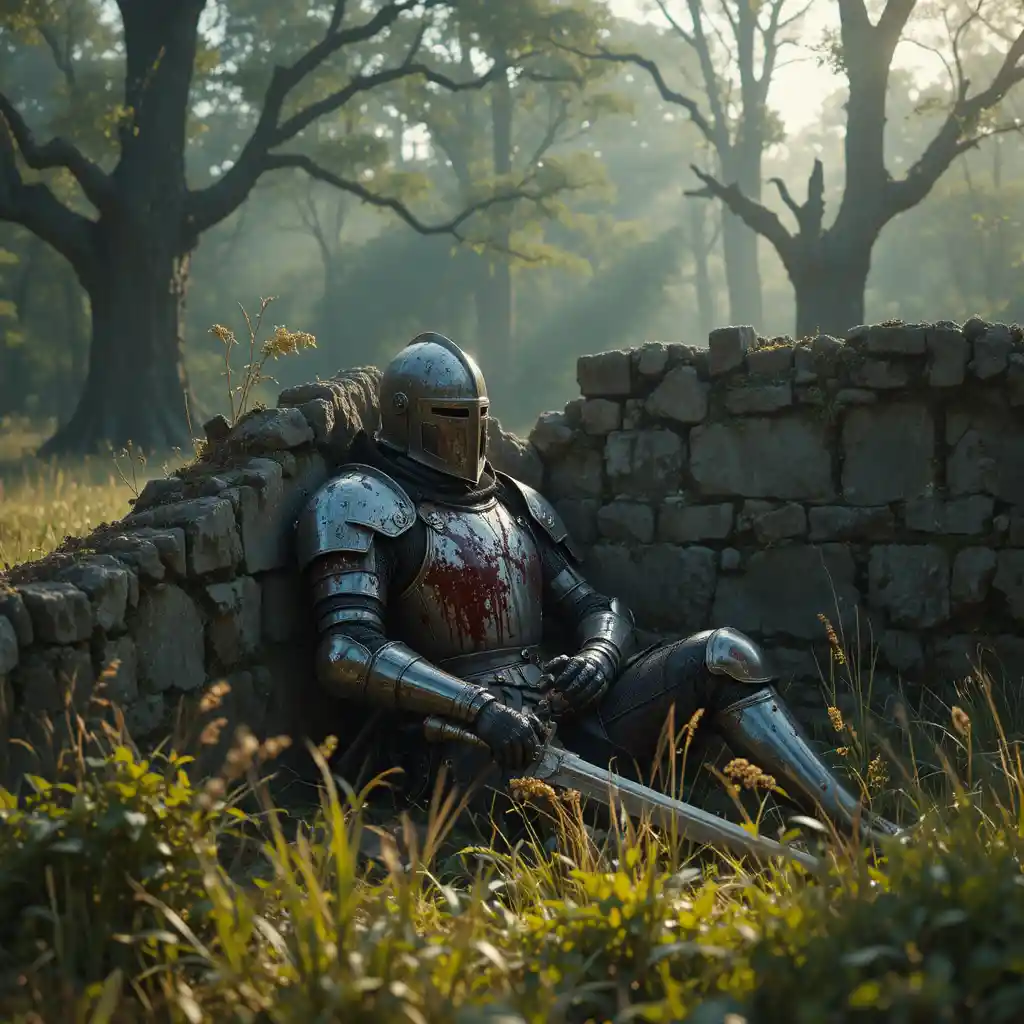 Wounded armored knight resting against a crumbling wall