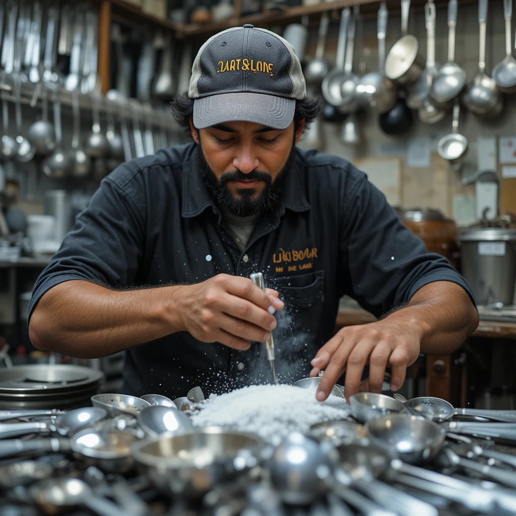 Man polishing metal utensils in a small shop interior