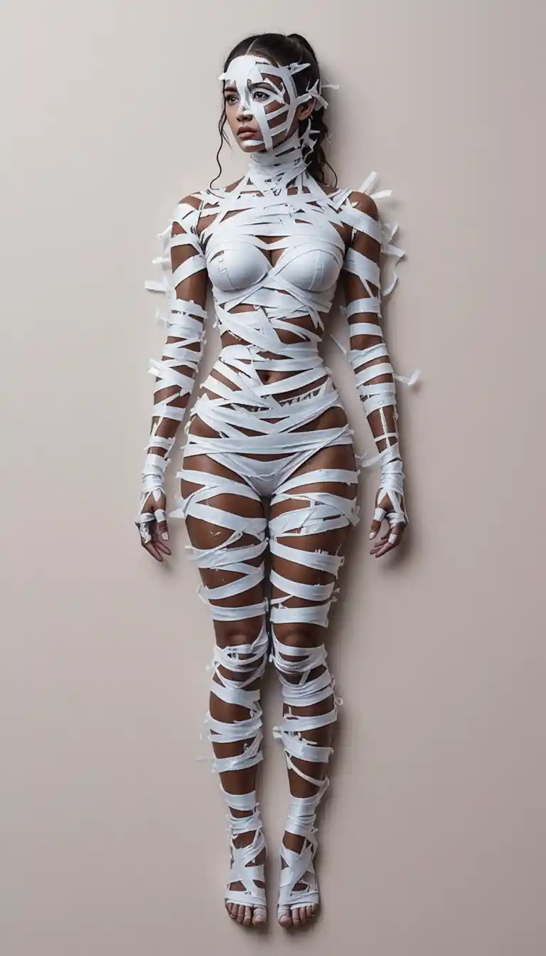 Giovane donna avvolta in body art con nastro bianco in posa