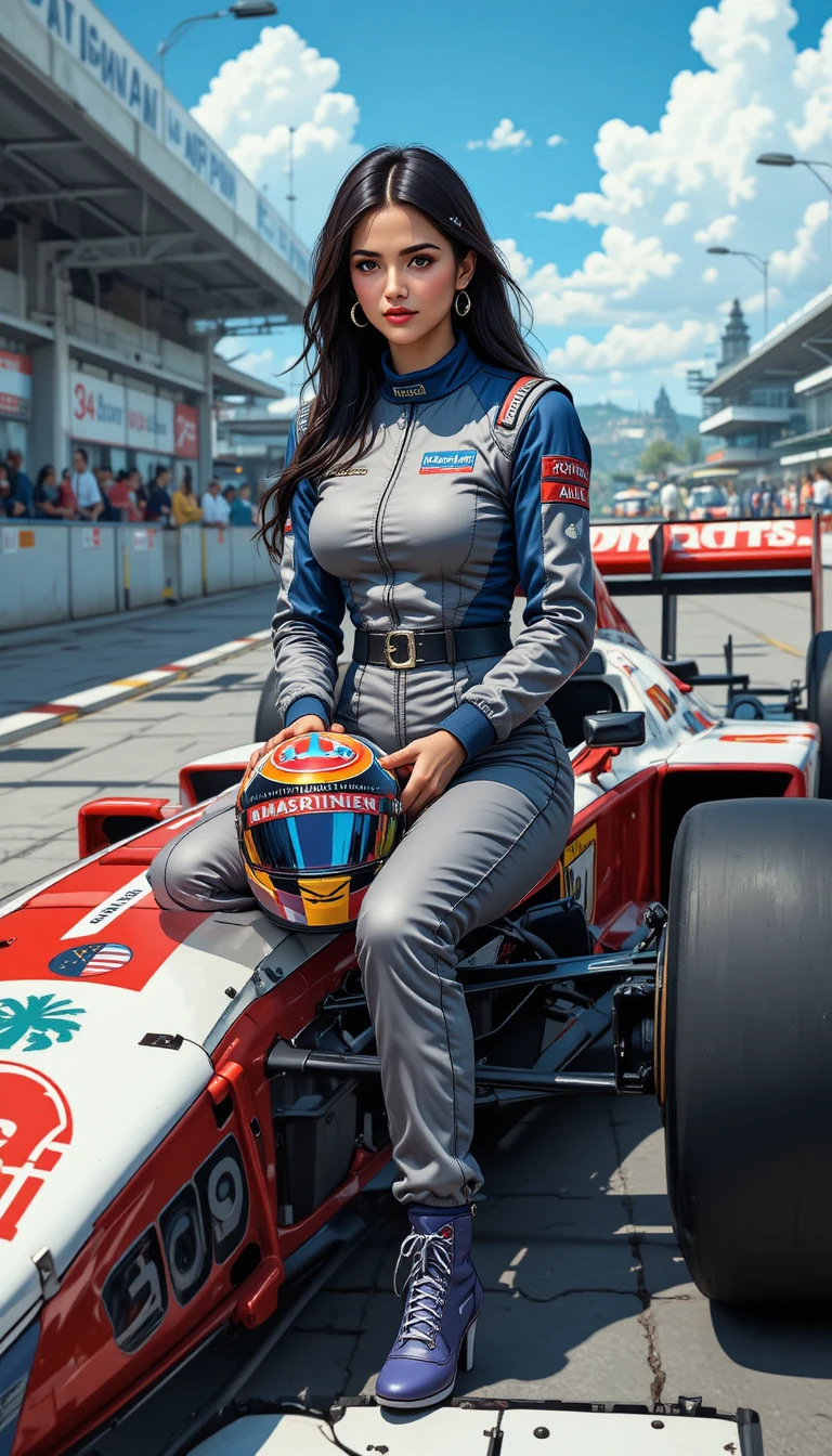 Donna in tuta da corsa seduta sul telaio di una monoposto parcheggiata
