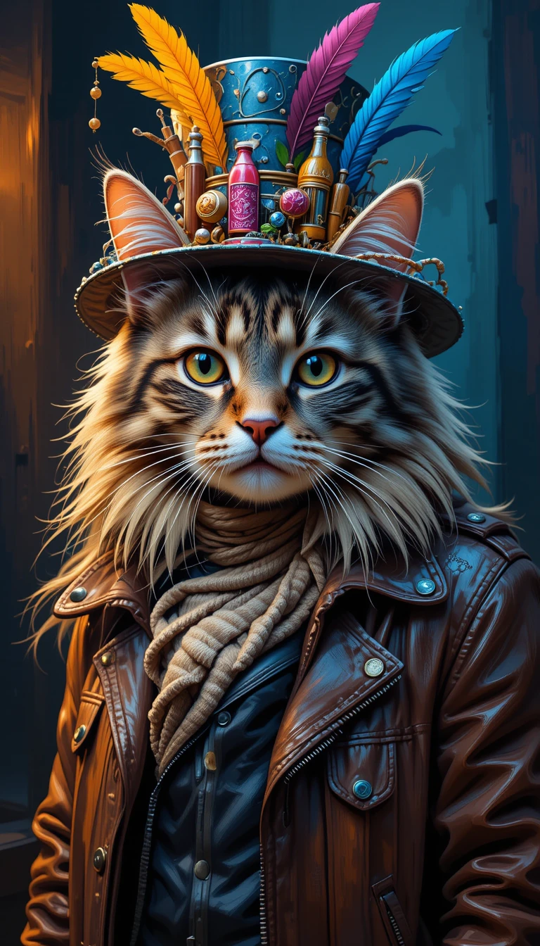Stilvolle Langhaarkatze mit Jacke und farbenfrohem Federhut