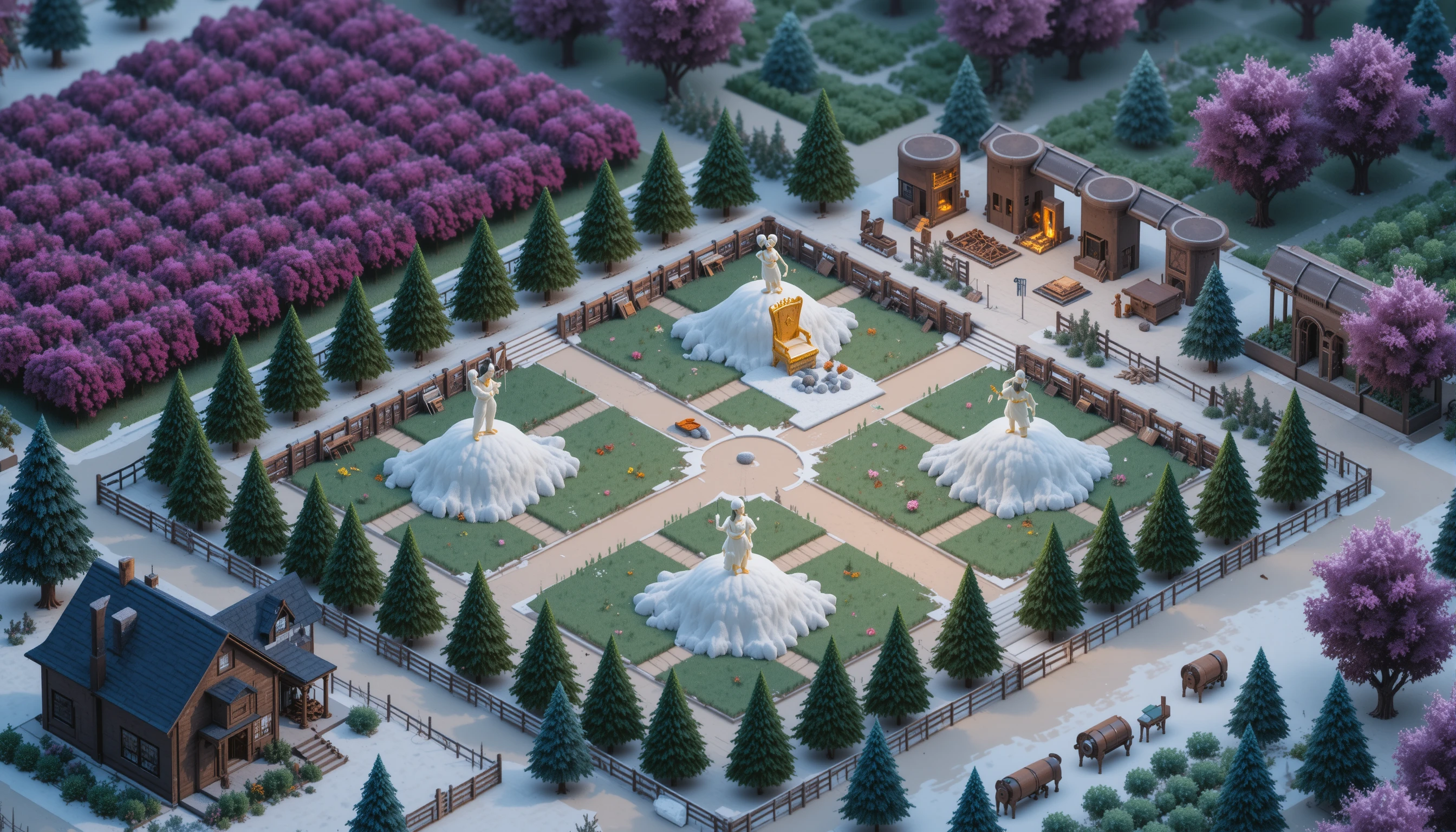 Winter farm garden with snow sculptures and animals