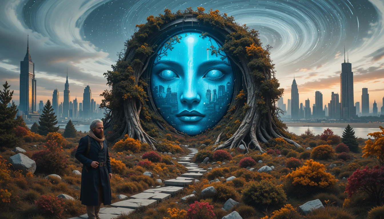 Donna sopravvissuta solitaria che cammina tra le rovine di una città futuristica