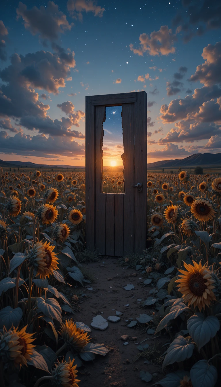 夕陽下枯萎向日葵間的斑駁木門