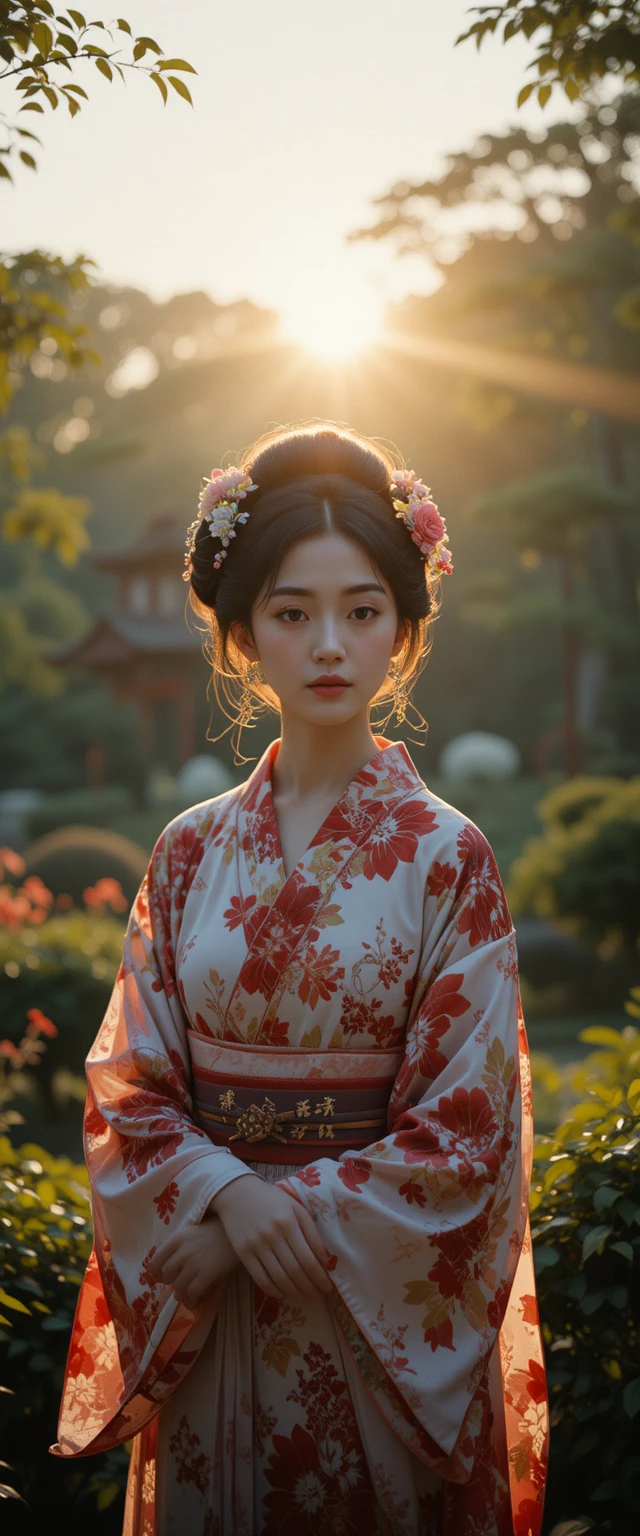 Elegant Japanese woman in kimono in a tranquil garden